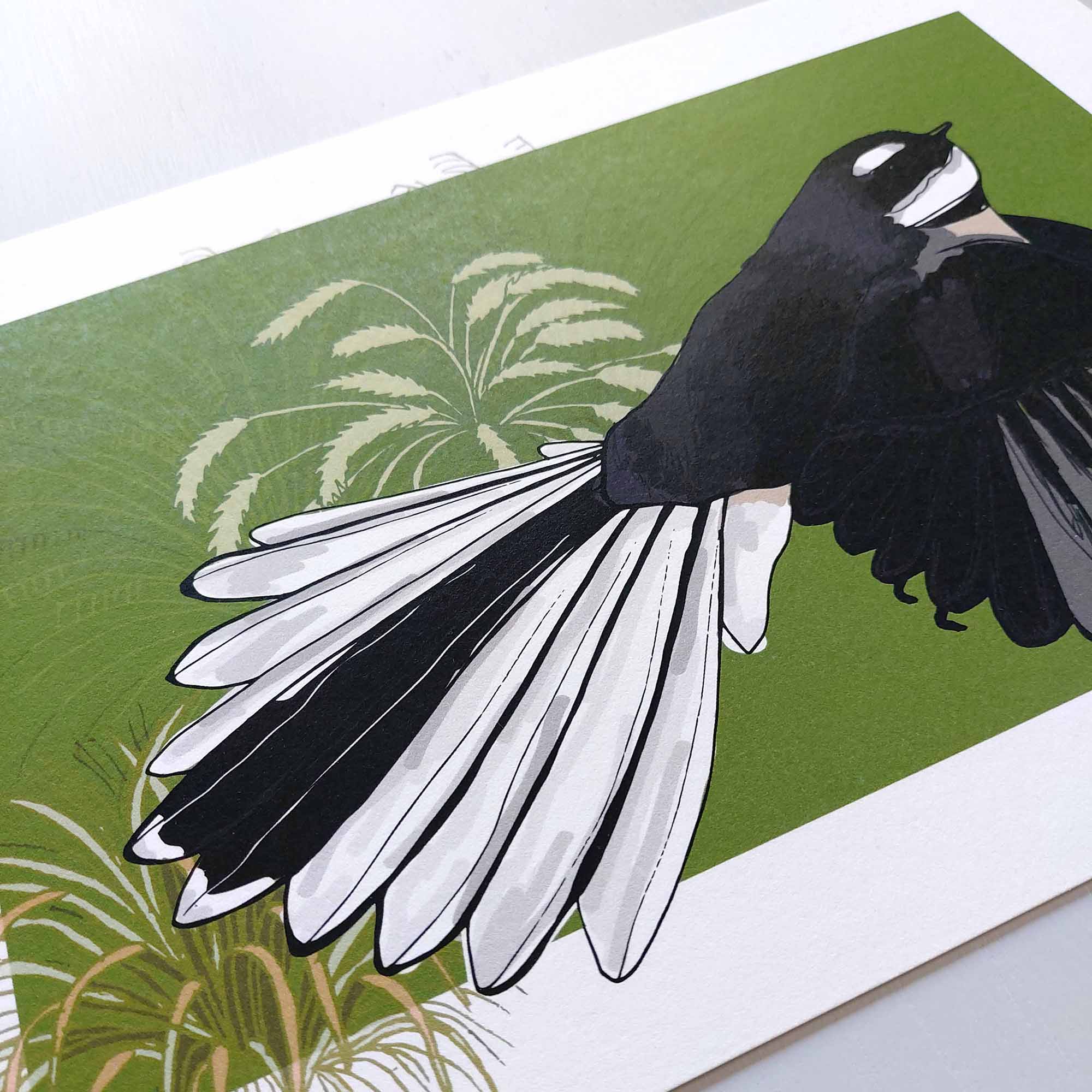 Fantail on Green A4 Art Print