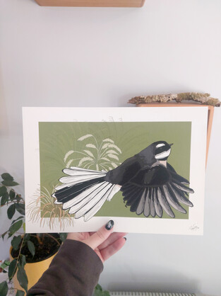 Fantail on Green A4 Art Print