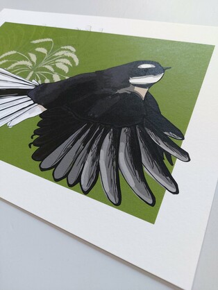 Fantail on Green A4 Art Print