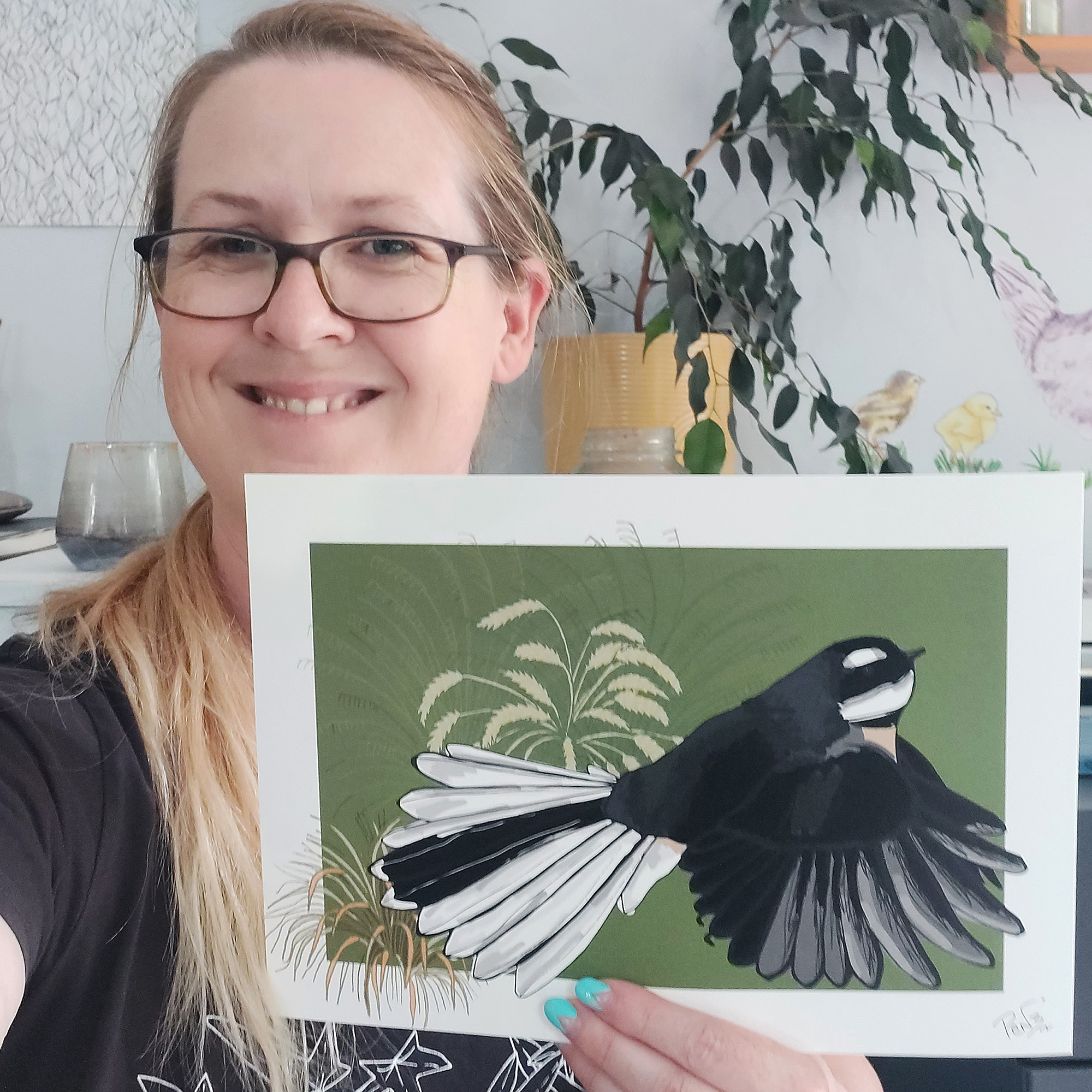 Fantail on Green A4 Art Print
