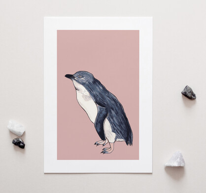 Little Blue Penguin A4 Art Print on Pink