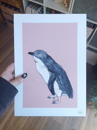 Little Blue Penguin A4 Art Print on Pink