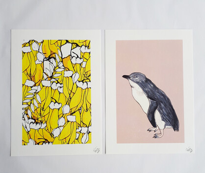 Little Blue Penguin A4 Art Print on Pink