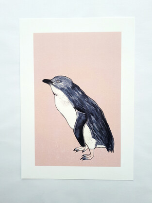 Little Blue Penguin A4 Art Print on Pink