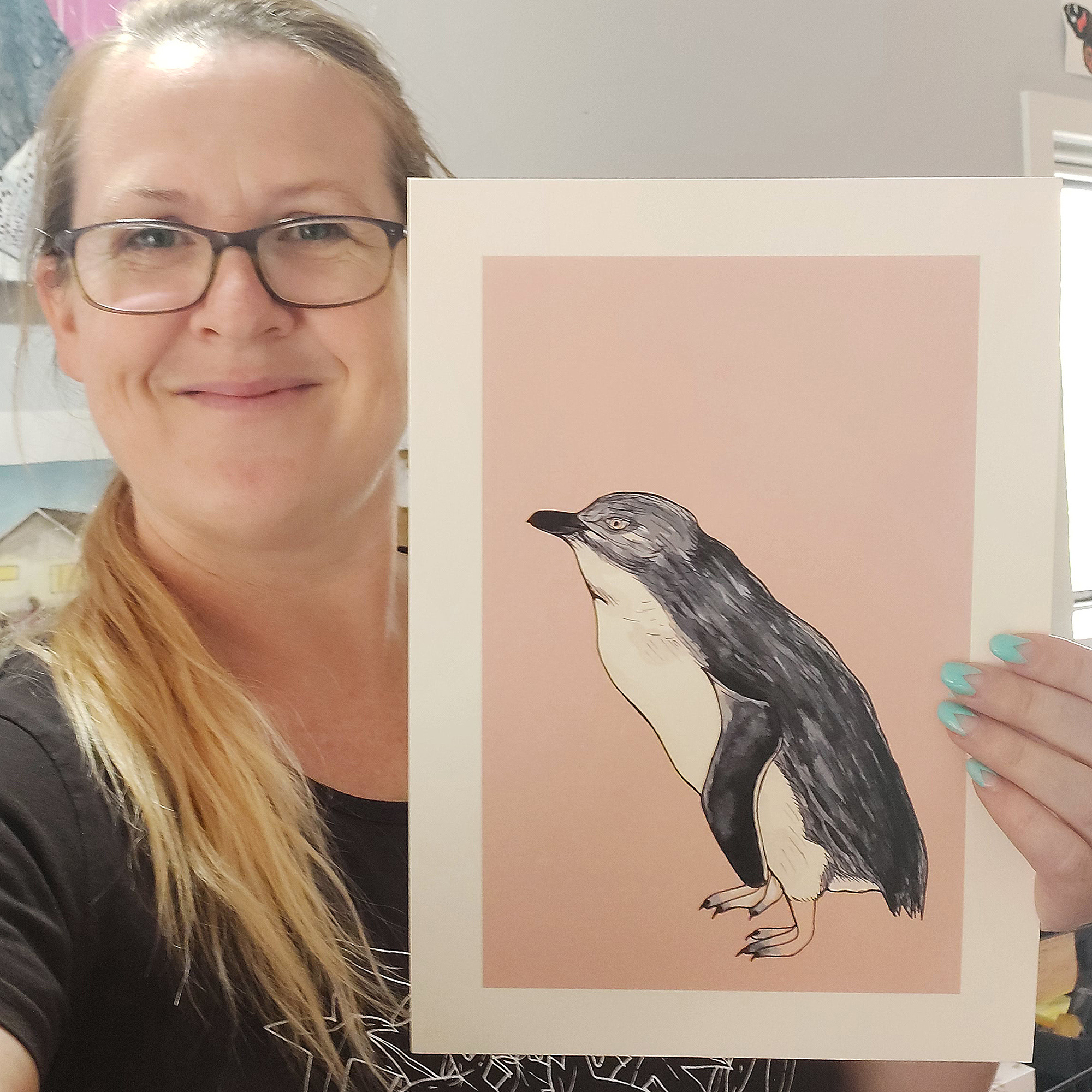Little Blue Penguin A4 Art Print on Pink