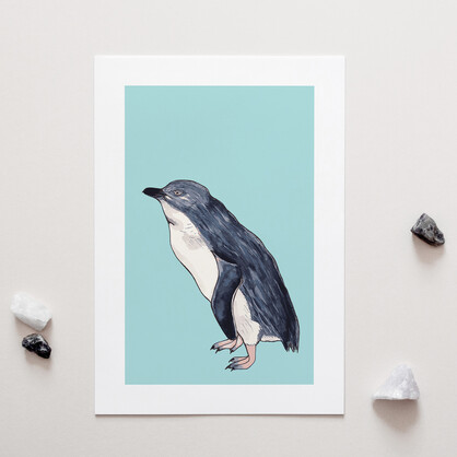 Little Blue Penguin Blue A4 Art Print