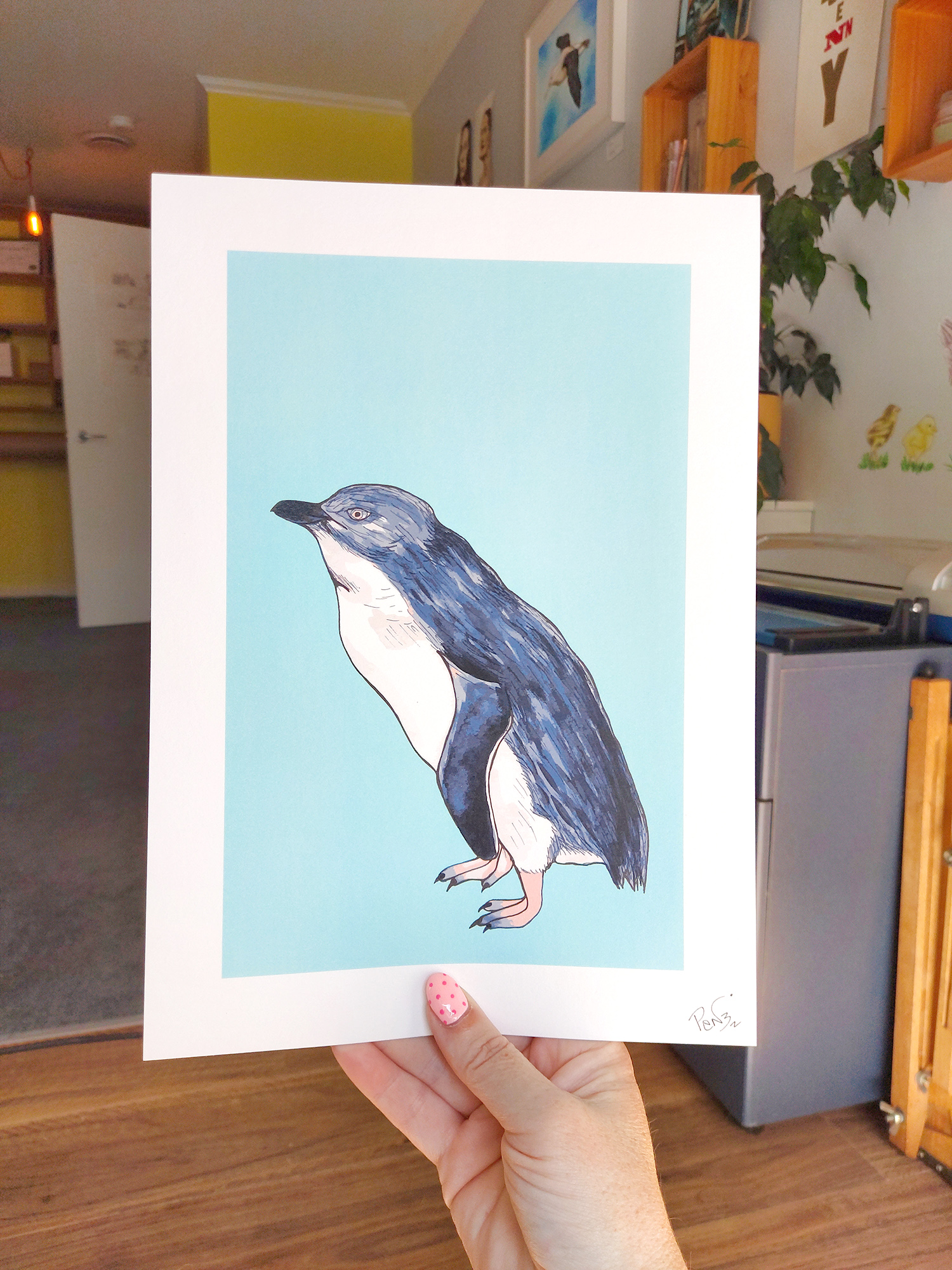 Little Blue Penguin Blue A4 Art Print