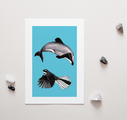 Dolphin and Fantail A4 Art Print
