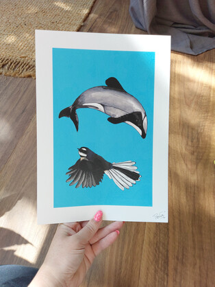 Dolphin and Fantail A4 Art Print