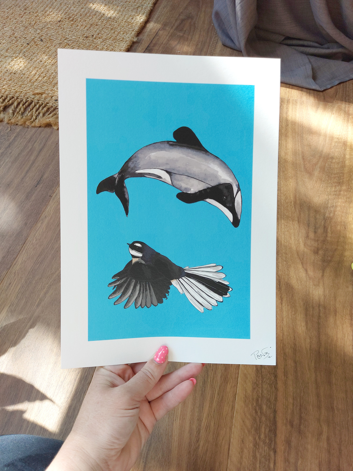 Dolphin and Fantail A4 Art Print