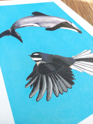 Dolphin and Fantail A4 Art Print