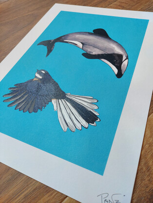 Dolphin and Fantail A4 Art Print