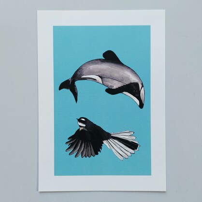 Dolphin and Fantail A4 Art Print