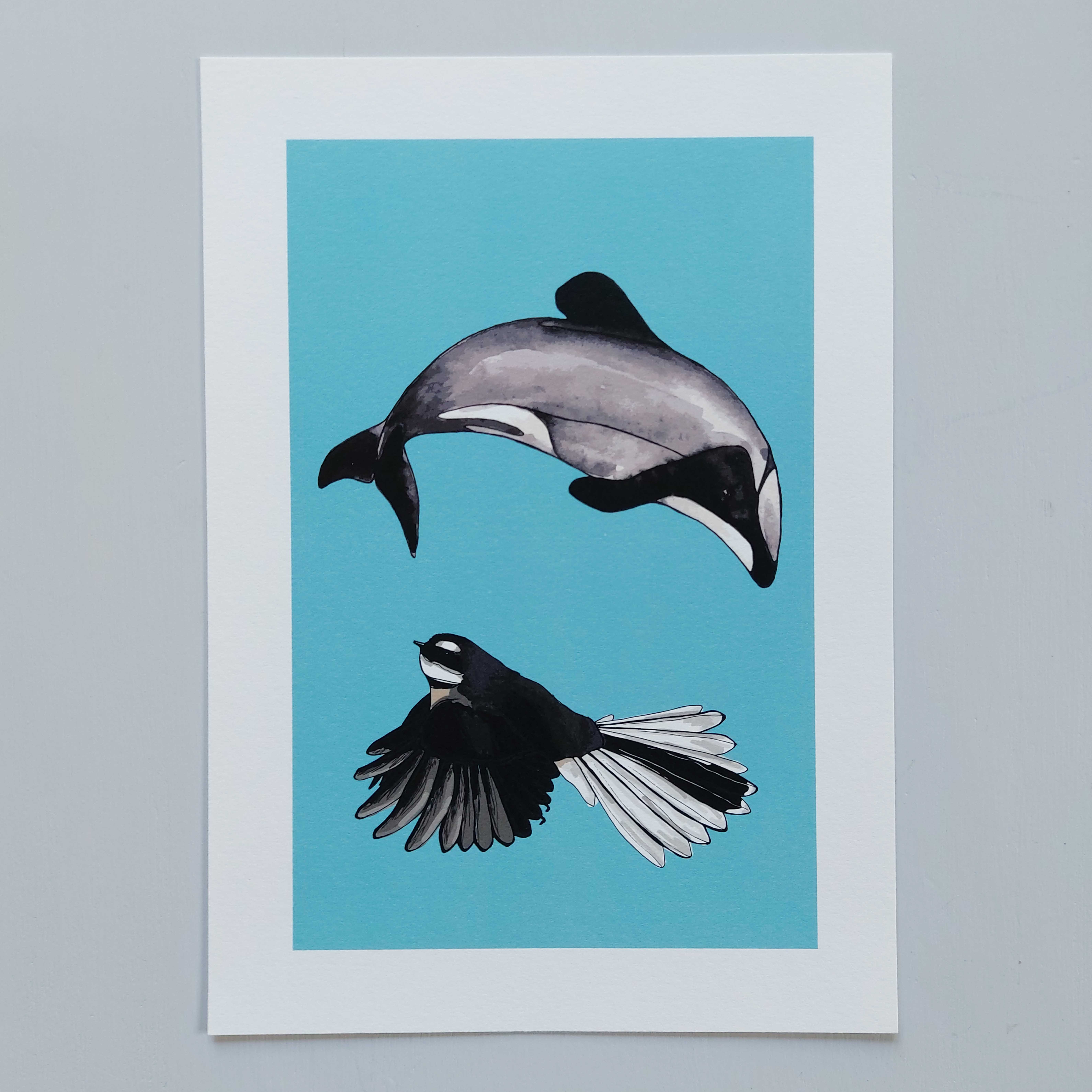 Dolphin and Fantail A4 Art Print
