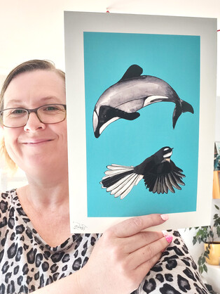 Dolphin and Fantail A4 Art Print