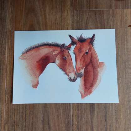 Are We Friends? A4 Art Print - brown horse foals