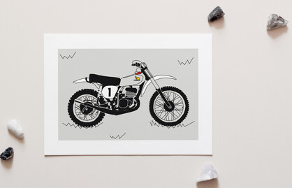 Grey White Vintage Motocross Motorbike A4 Art Print