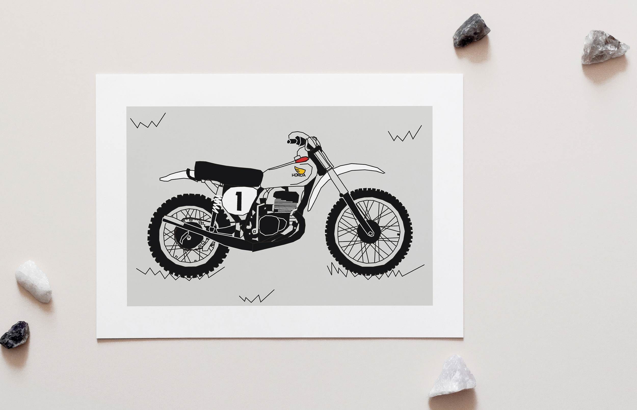 Grey White Vintage Motocross Motorbike A4 Art Print