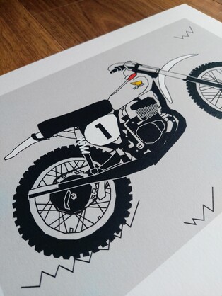 Grey White Vintage Motocross Motorbike A4 Art Print