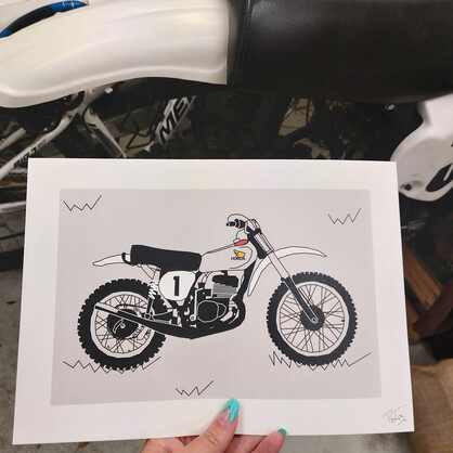 Grey White Vintage Motocross Motorbike A4 Art Print