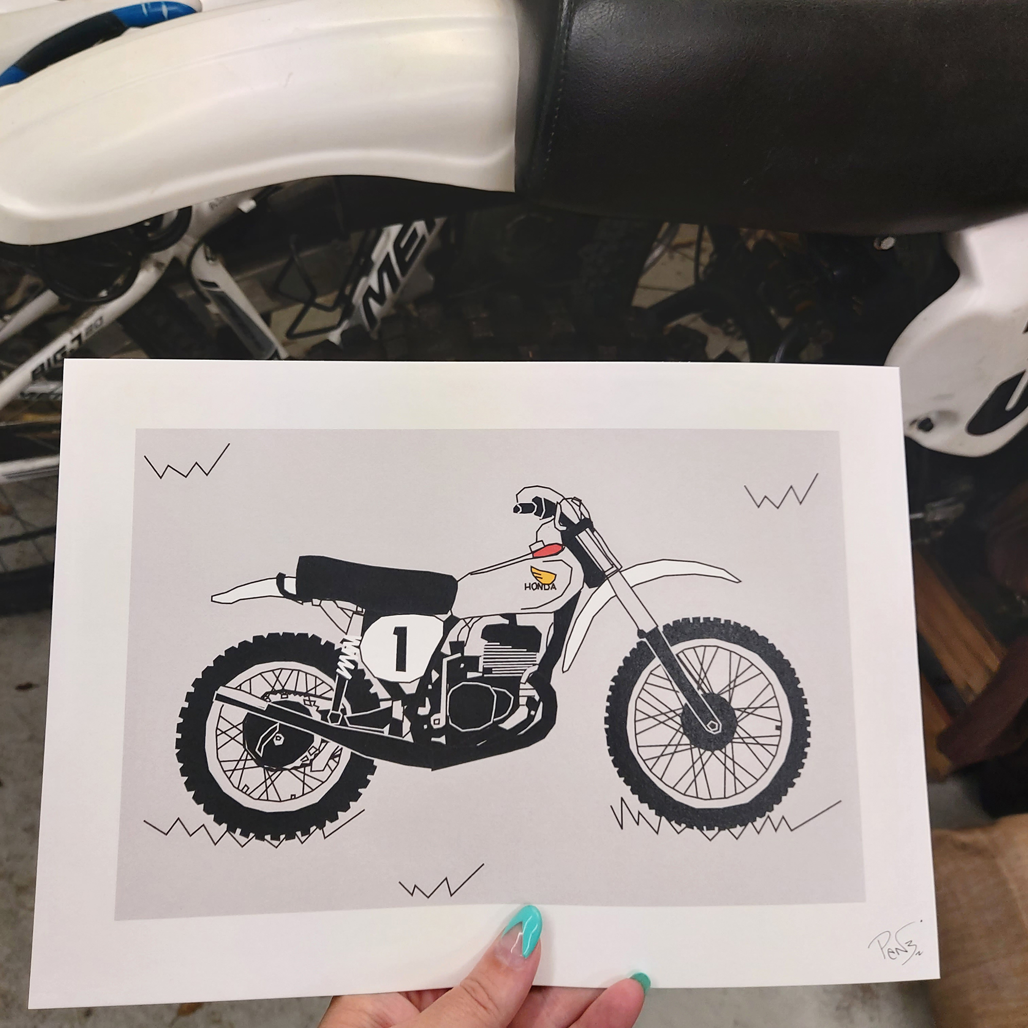 Grey White Vintage Motocross Motorbike A4 Art Print