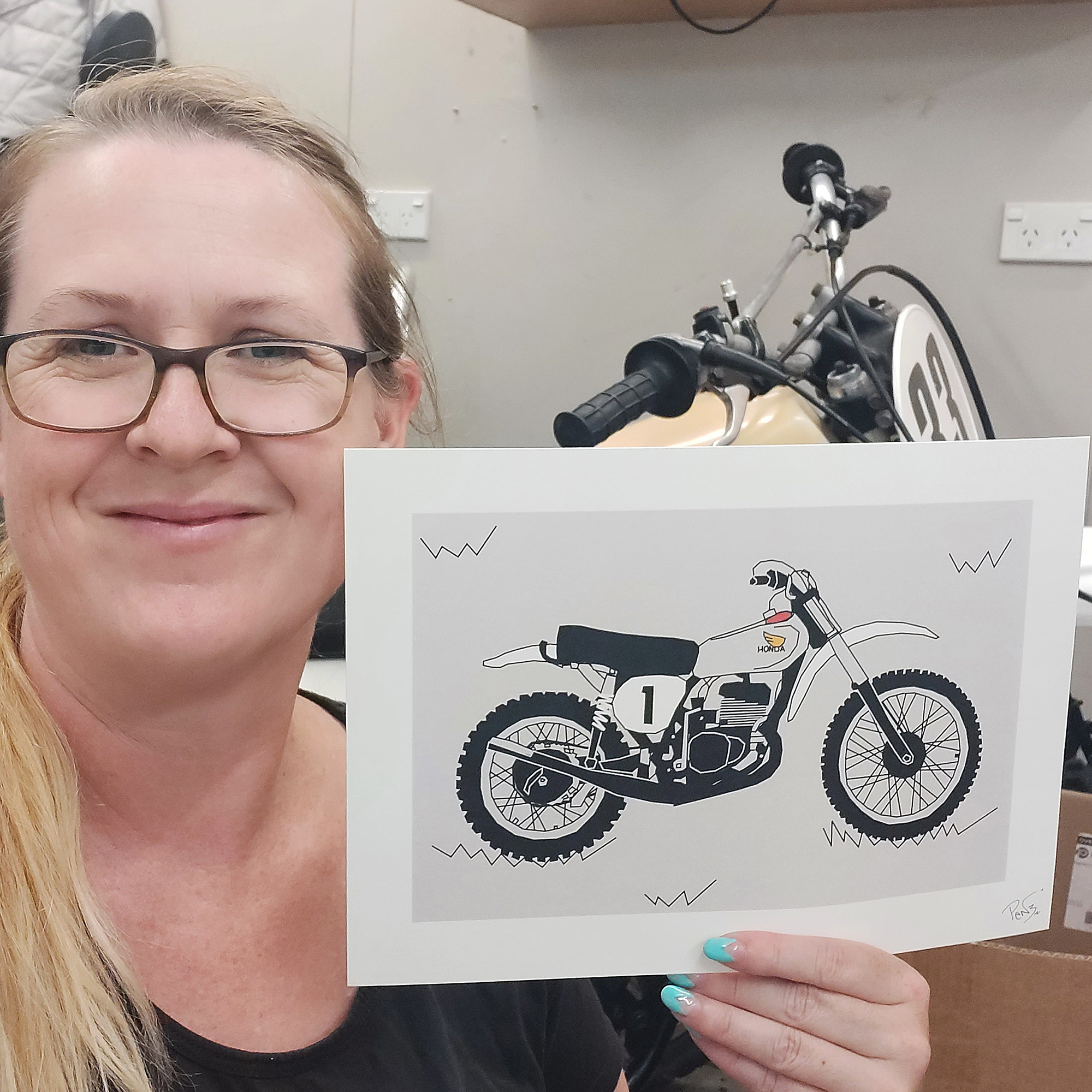 Grey White Vintage Motocross Motorbike A4 Art Print