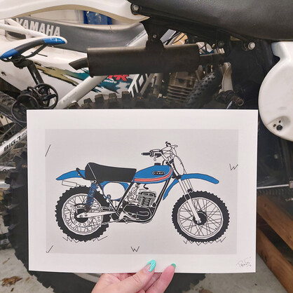 Blue Vintage Motocross Motorbike A4 Art Print