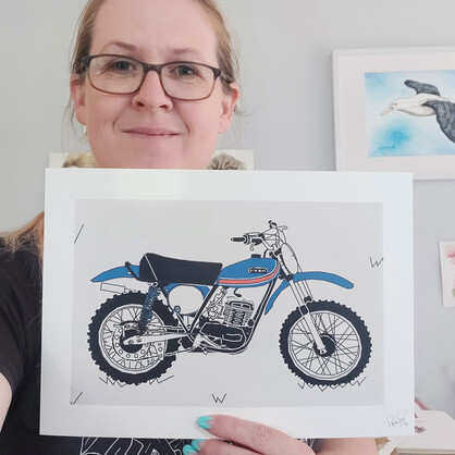Blue Vintage Motocross Motorbike A4 Art Print