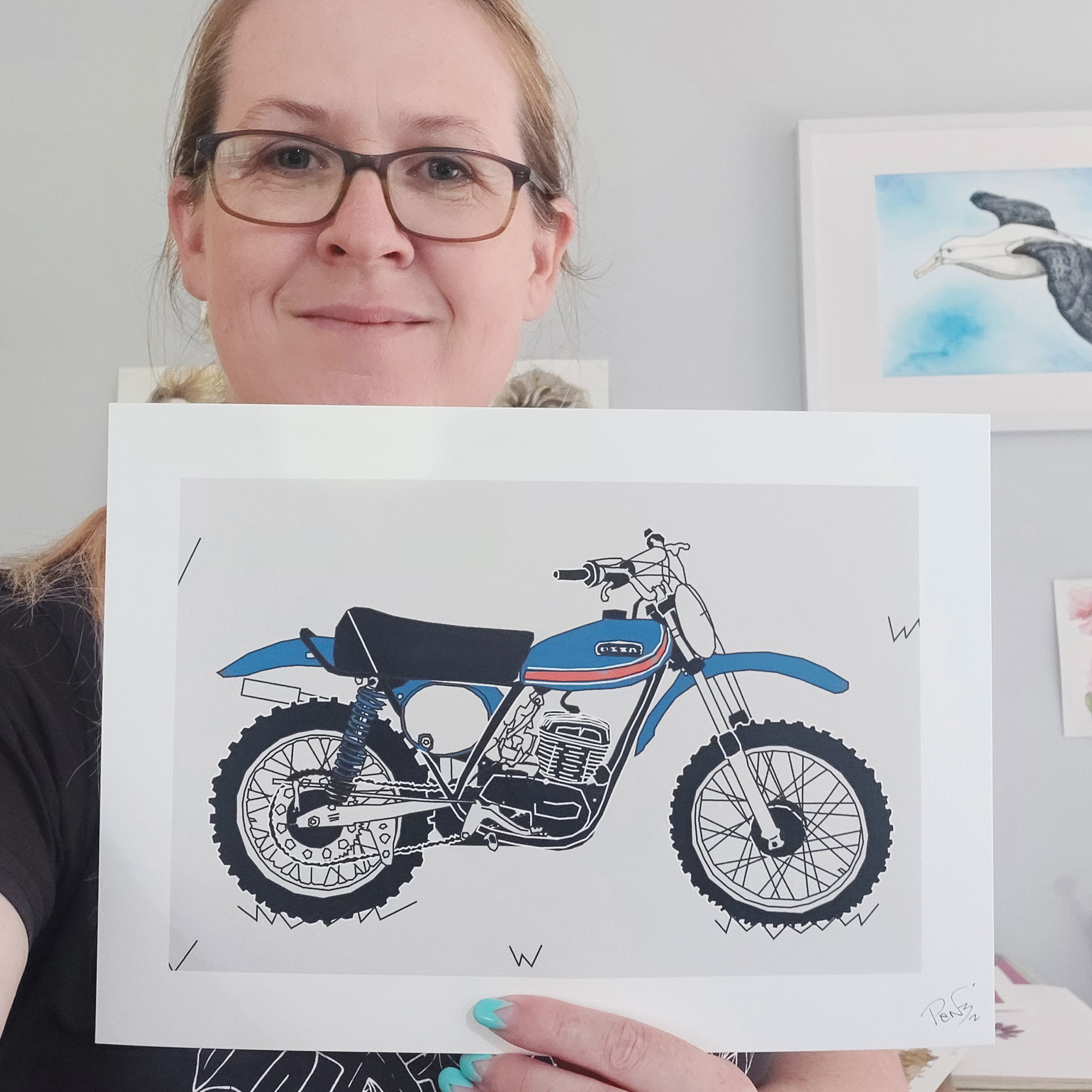 Blue Vintage Motocross Motorbike A4 Art Print
