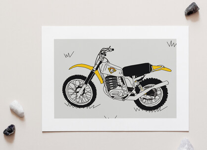 Yellow Grey Vintage Motocross Motorbike A4 Art Print