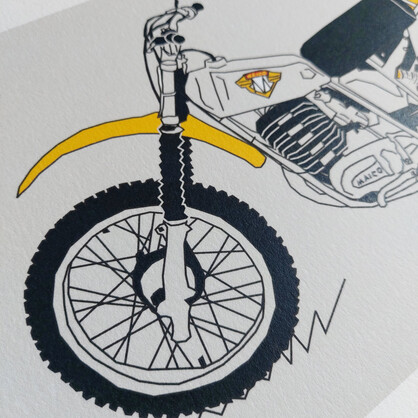 Yellow Grey Vintage Motocross Motorbike A4 Art Print