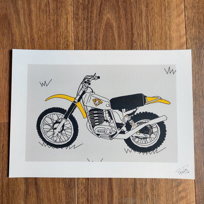 Yellow Grey Vintage Motocross Motorbike A4 Art Print