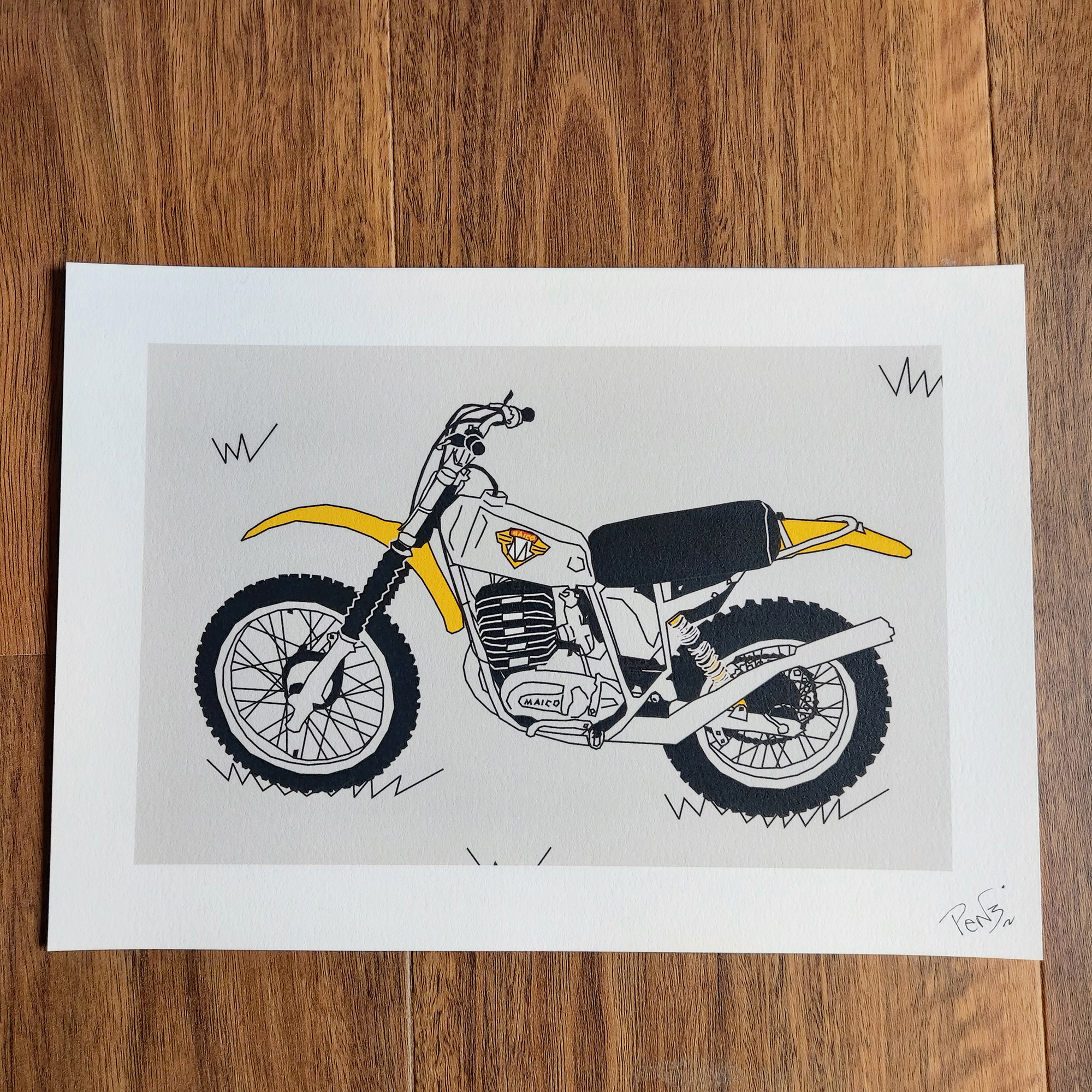 Yellow Grey Vintage Motocross Motorbike A4 Art Print