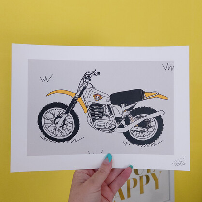 Yellow Grey Vintage Motocross Motorbike A4 Art Print