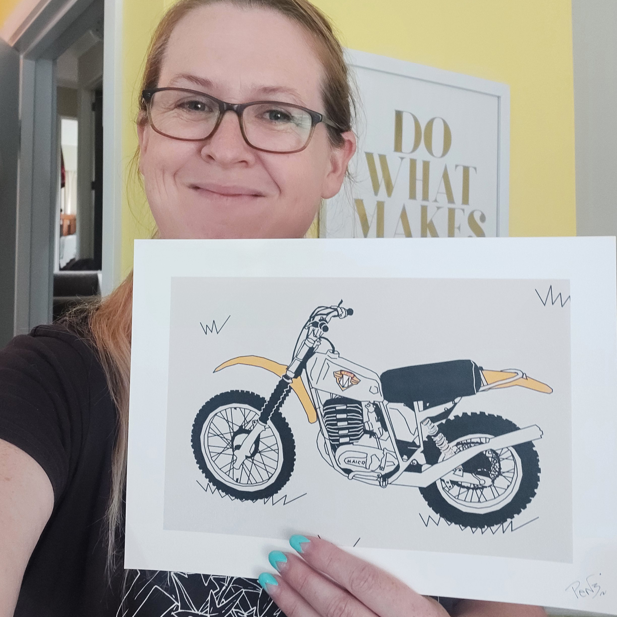 Yellow Grey Vintage Motocross Motorbike A4 Art Print