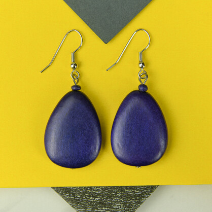 Cobalt Blue Flat Drop Wooden Earrings