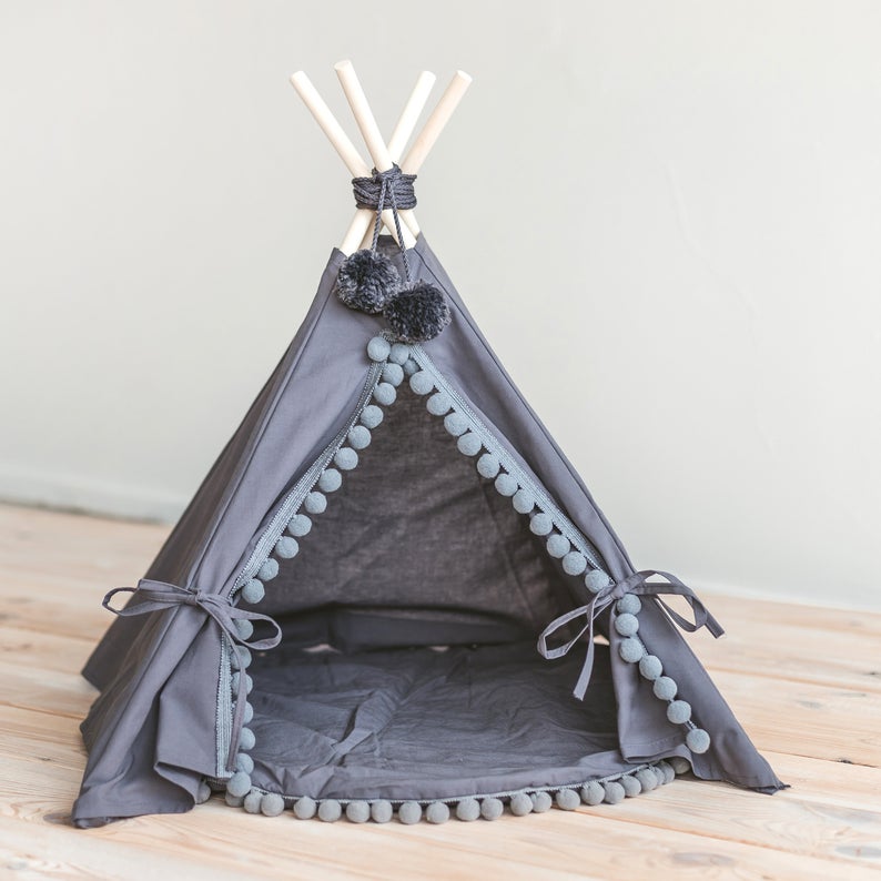 Pom Pom Teepee With Mat in Grey