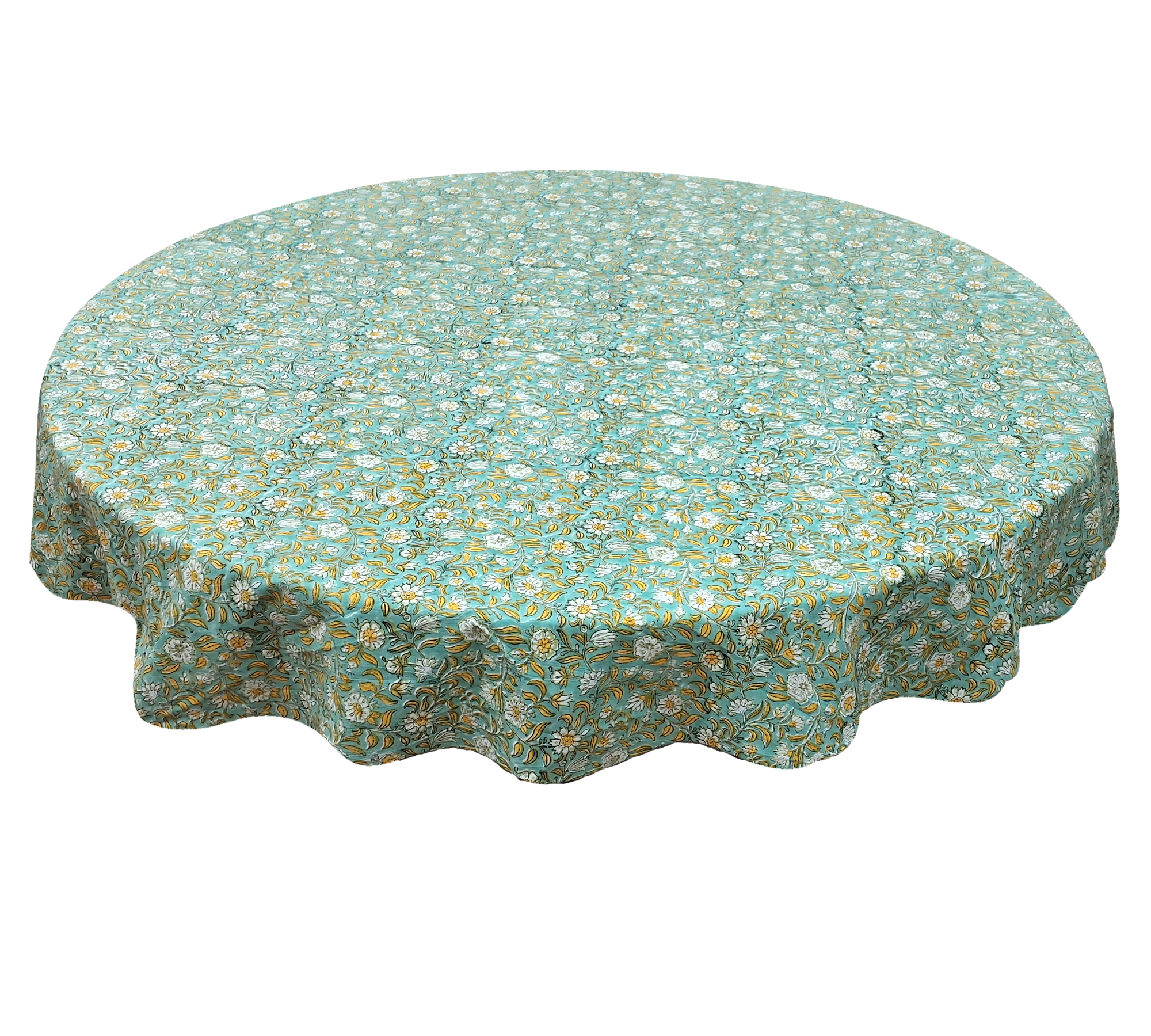 Sage green/yellow round block print tablecloth 220x220 cm