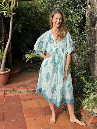 Sea green/white floral cotton voile block print dress mini length