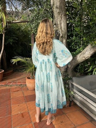 Sea green/white floral cotton voile block print dress mini length