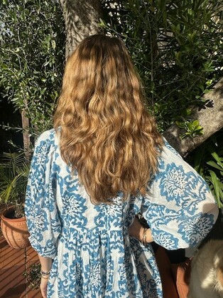 Blue/white floral cotton voile block print dress mini free size