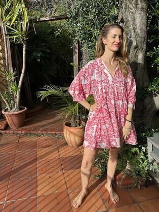 Pink/white floral cotton voile block print dress mini free size