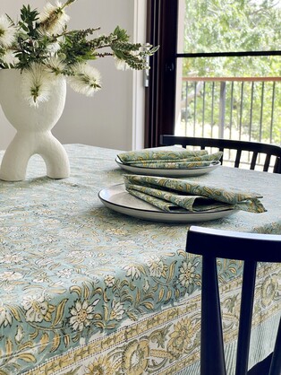 Sage green yellow cotton block print tablecloth 170x270 cm