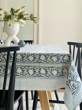 Denim block print tablecloth 170x270cm