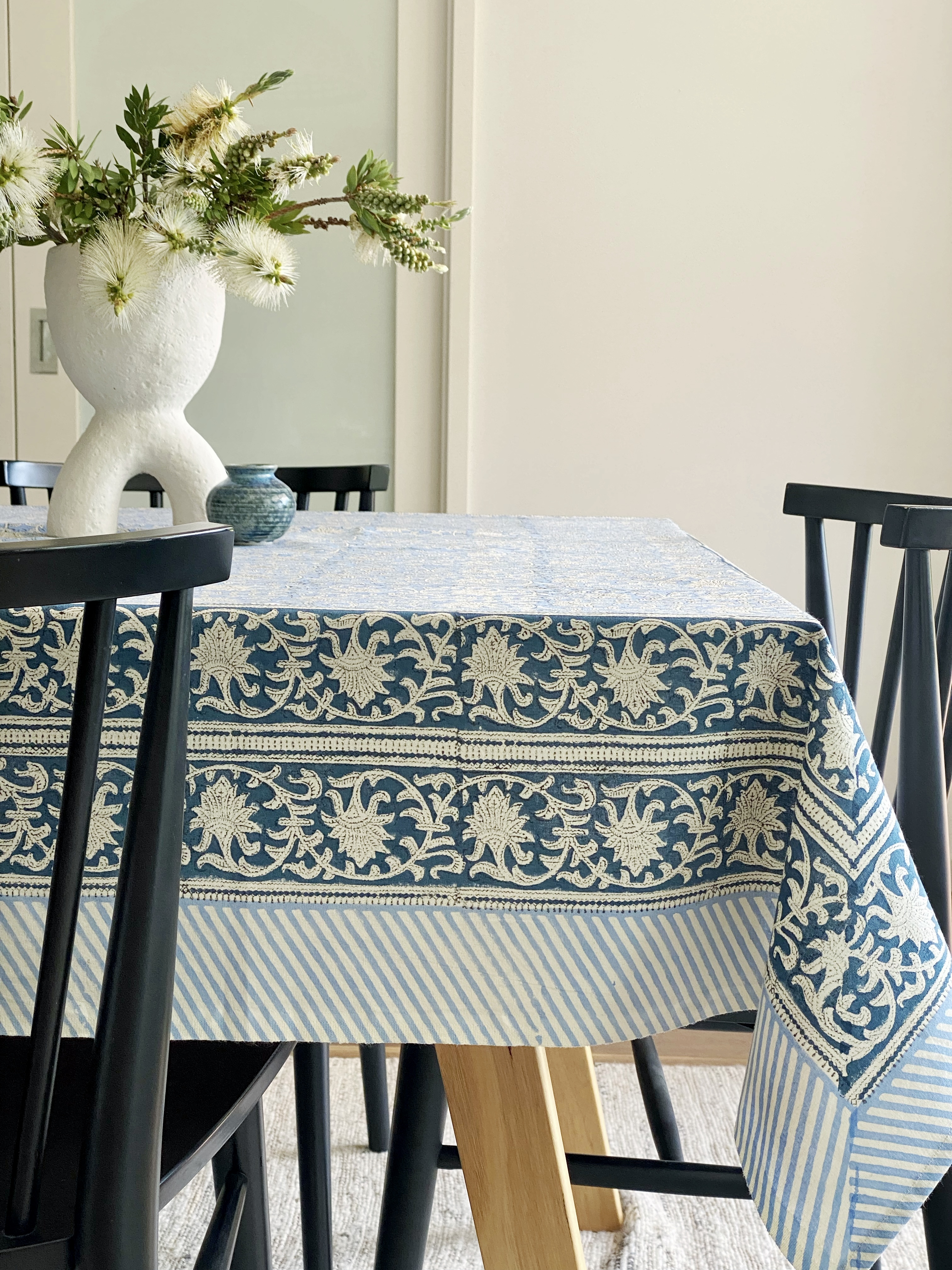 Denim block print tablecloth 170x270cm