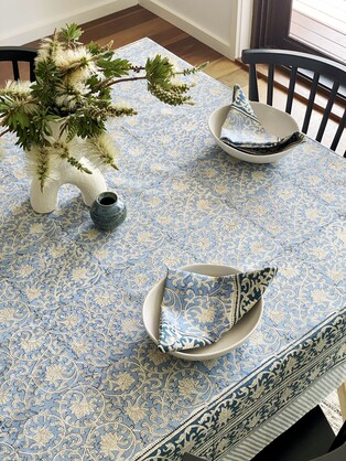Denim block print tablecloth 170x270cm
