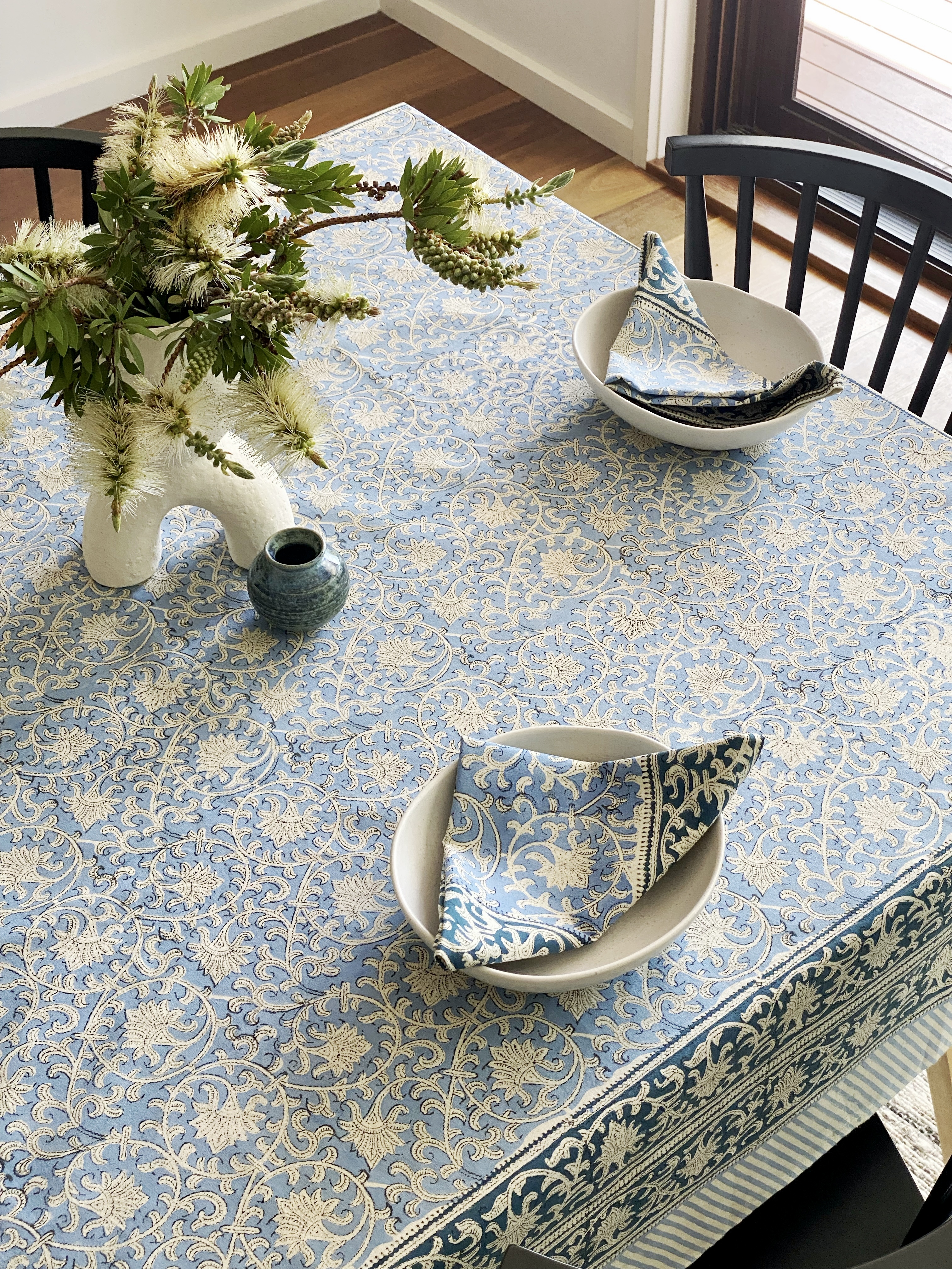 Denim block print tablecloth 170x270cm
