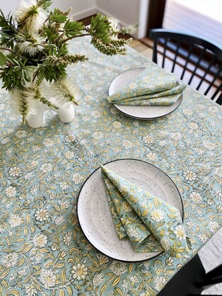 Sage green yellow cotton block print tablecloth 170x270 cm