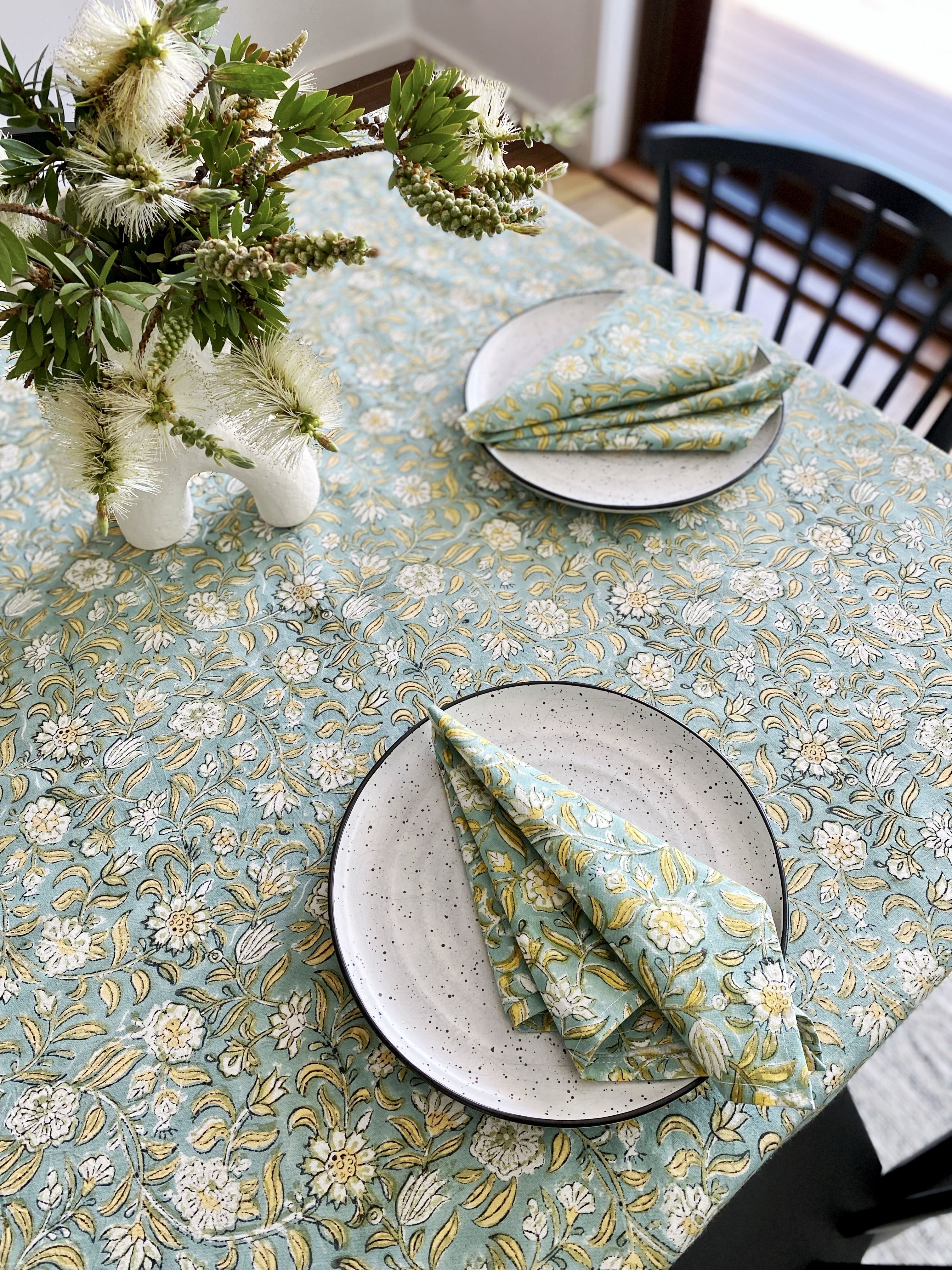 Sage green yellow cotton block print tablecloth 170x270 cm