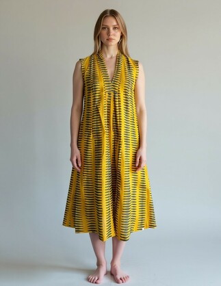 Marsha sleeveless dress in mustard /grey line design (S/M : L/XL)